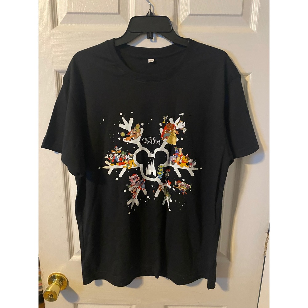 Disney Christmas Snowflake Character T-Shirt Black 2XL Mickey Stitch Pixar